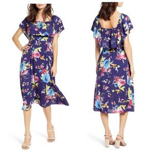 NWT BP OFF THE SHOULDER POPOVER MIDI DRESS IN BLUE AQUARIUS FLORAL 4X PUS‎ SIZE